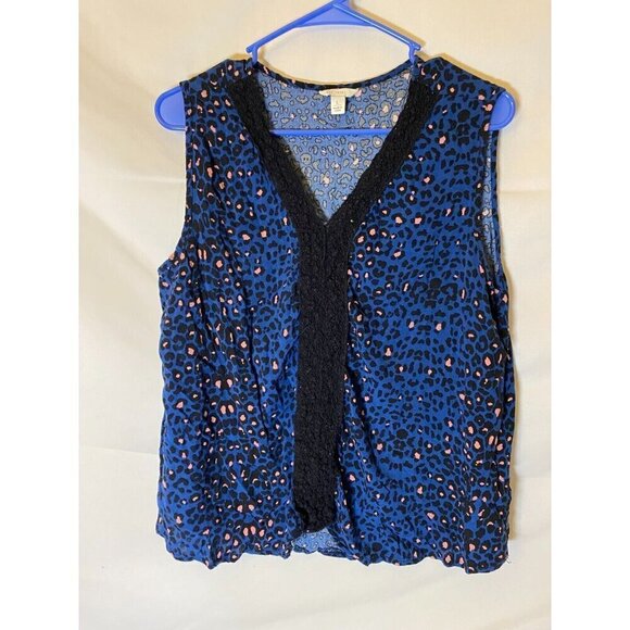 Cato Womens Size Large L 14 Cheetah Print Blue Sleeveless Top Shirt Blouse Vneck - Picture 1 of 3